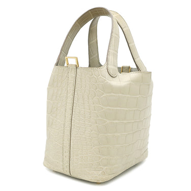 エルメス HERMES ピコタンロック PM ベトン アリゲーターマット ハンドバッグ ゴールド金具 ベージュ