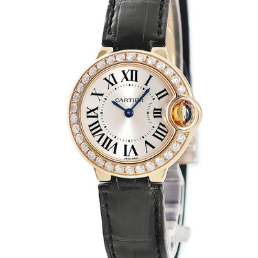 腕時計 カルティエ Cartier バロンブルー 28mm WE900251 クオーツ レディース K18PG無垢 純正ダイヤ ローマン 青針 シルバー