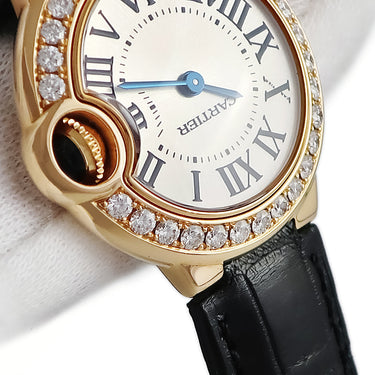 腕時計 カルティエ Cartier バロンブルー 28mm WE900251 クオーツ レディース K18PG無垢 純正ダイヤ ローマン 青針 シルバー