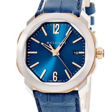 腕時計 ブルガリ BVLGARI オクト ローマ 103205 OCP41SG 自動巻き メンズ 新品同様 K18PG×SS コンビ ブルー デイト 八角形