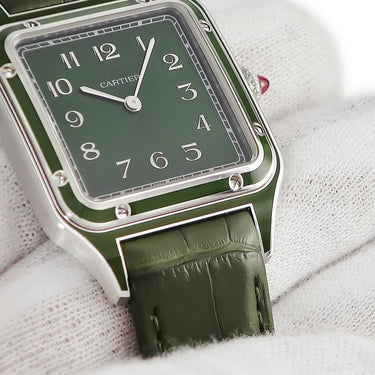 腕時計 カルティエ Cartier サントス デュモン LM ラッカー WGSA0096 手巻き メンズ Pt950無垢 角型 オリーブ グリーン 限定