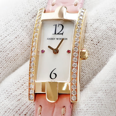 腕時計 ハリーウィンストン Harry Winston アヴェニュー C ミニ 332LQR クオーツ レディース K18RG無垢 純正ダイヤ サファイア シェル