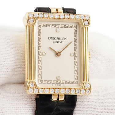 腕時計 パテックフィリップ PATEK PHILIPPE グリーク 4632 手巻き レディース K18YG無垢 純正ダイヤ シルバー スクエア