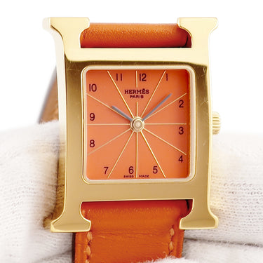 腕時計 エルメス HERMES Hウォッチ PM HH1.201 クオーツ レディース イエローGP オレンジ 2針 アラビア H型 スクエア