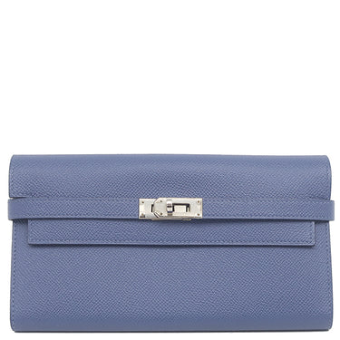 エルメス HERMES ケリーウォレット ヴェルソ ブルーブライトン×カプシーヌ ヴォーエプソン 長財布 シルバー金具 青 オレンジ バイカラー