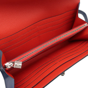 エルメス HERMES ケリーウォレット ヴェルソ ブルーブライトン×カプシーヌ ヴォーエプソン 長財布 シルバー金具 青 オレンジ バイカラー