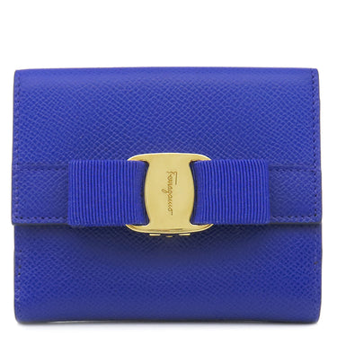 サルヴァトーレ・フェラガモ Salvatore Ferragamo ヴァラ リボン 22A926 ブルー レザー 二つ折り財布 ゴールド金具 青 コンパクトウォレット