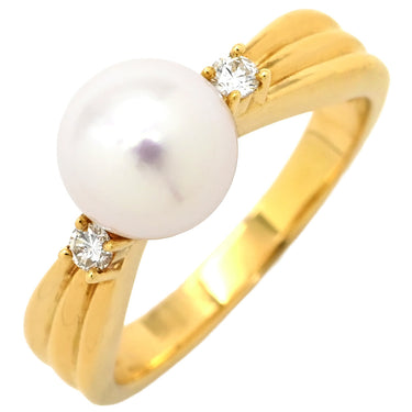 TASAKI TASAKI 1Pパール 0.05ct 2Pダイヤ パールホワイト×イエローゴールド K18YG パール ダイヤモンド リング 指輪 アコヤ あこや 真珠 1粒 K18YG メレダイヤ 9号