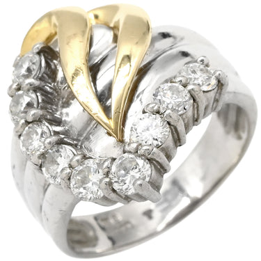 ノンブランド NON BRAND ダイヤ 1.005ct プラチナシルバー Pt900 K18YG ダイヤモンド リング 指輪 Pt900×K18YG コンビ Au750 18K 18金 9P 9石 9粒 Vデザイン ウェーブ 13.5号