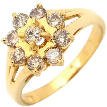 ノンブランド NON BRAND ダイヤ 0.73ct イエローゴールド K18YG ダイヤモンド リング 指輪 Au750 18K 18金 9P 9石 9粒 フラワーモチーフ 花 クラスターセッティング 11.5号