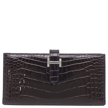 エルメス HERMES ベアンスフレ オーベルジーヌ アリゲーター 長財布 シルバー金具 紫 二つ折り財布 シャイン