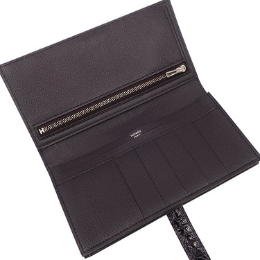 エルメス HERMES ベアンスフレ オーベルジーヌ アリゲーター 長財布 シルバー金具 紫 二つ折り財布 シャイン