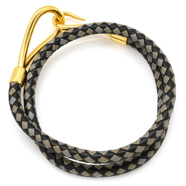 エルメス HERMES ジャンボ ブラック×グレー レザー メタル チョーカー シルバー金具 二連ブレスレット 編み込み