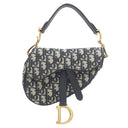 クリスチャン・ディオール Christian Dior サドル バッグ ミニ ネイビー系 コットン レザー ハンドバッグ ゴールド金具 オブリーク ジャカード ショルダーストラップ欠品