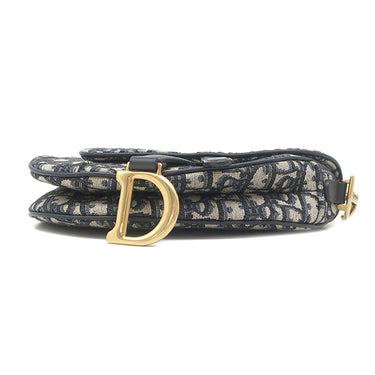 クリスチャン・ディオール Christian Dior サドル バッグ ミニ ネイビー系 コットン レザー ハンドバッグ ゴールド金具 オブリーク ジャカード ショルダーストラップ欠品