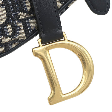 クリスチャン・ディオール Christian Dior サドル バッグ ミニ ネイビー系 コットン レザー ハンドバッグ ゴールド金具 オブリーク ジャカード ショルダーストラップ欠品
