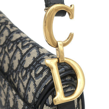 クリスチャン・ディオール Christian Dior サドル バッグ ミニ ネイビー系 コットン レザー ハンドバッグ ゴールド金具 オブリーク ジャカード ショルダーストラップ欠品