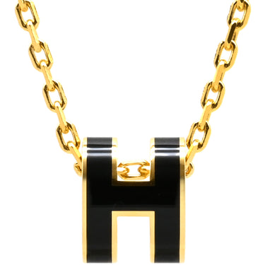 エルメス HERMES ポップアッシュ ミニ ペンダント ブラックXゴールド GP ラッカー ネックレス 黒 Hモチーフ