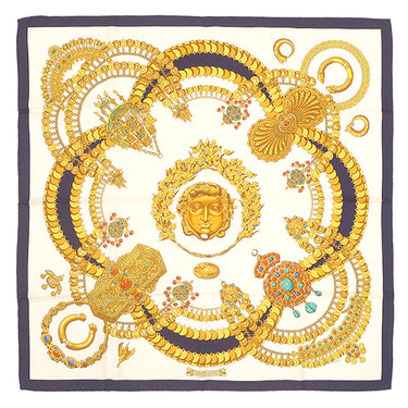 エルメス HERMES カレ90 CARRE ホワイト×ブルー×ゴールド シルク スカーフ 【 KOSMIMA/コスミマ 】