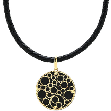 ノンブランド NON BRAND サークル型ペンダント イエローゴールド×ブラック K18YG レザー ネックレス Au750 18K ラウンド 透かし模様 革紐