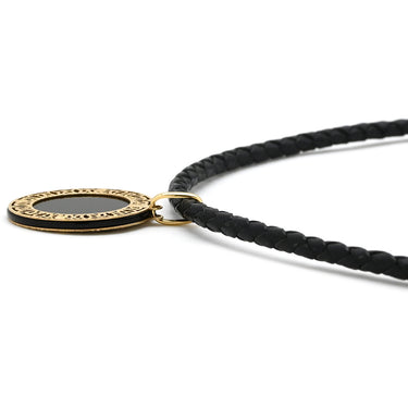 ノンブランド NON BRAND サークル型ペンダント イエローゴールド×ブラック K18YG レザー ネックレス Au750 18K ラウンド 透かし模様 革紐