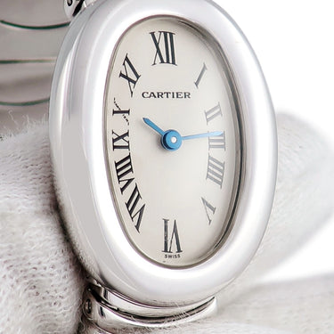 腕時計 カルティエ Cartier ミニベニュワール W15189L2 クオーツ レディース K18WG無垢 アイボリー ローマン オーバル 青針