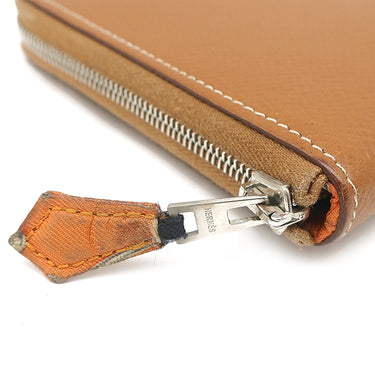 エルメス HERMES アザップロング シルクイン ゴールド ヴォーエプソン 長財布 シルバー金具 茶 ラウンドファスナー