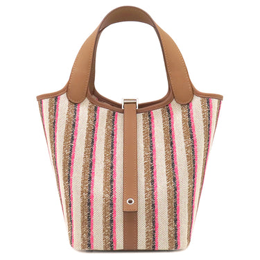 エルメス HERMES ピコタンロック PM ブロドゥリー クーヴェルチュール フォーヴ×ローズポップ×ゴールド トワルアッシュ ヴォースイフト ハンドバッグ シルバー金具 新品 未使用 茶