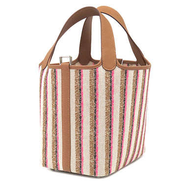 エルメス HERMES ピコタンロック PM ブロドゥリー クーヴェルチュール フォーヴ×ローズポップ×ゴールド トワルアッシュ ヴォースイフト ハンドバッグ シルバー金具 新品 未使用 茶