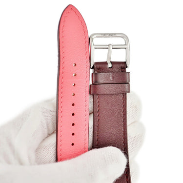 エルメス HERMES 純正 アップルウォッチ 38 40 41mm用 ローズアザレ×ローズエクストリーム×ボルドー レザー ステンレススチール 腕時計パーツ ヴォースイフト ドゥブルトゥール ベルト 32ｍｍ 尾錠付き