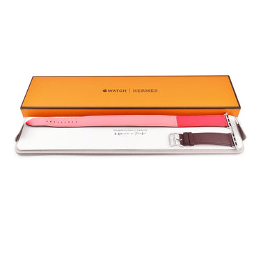 エルメス HERMES 純正 アップルウォッチ 38 40 41mm用 ローズアザレ×ローズエクストリーム×ボルドー レザー ステンレススチール 腕時計パーツ ヴォースイフト ドゥブルトゥール ベルト 32ｍｍ 尾錠付き
