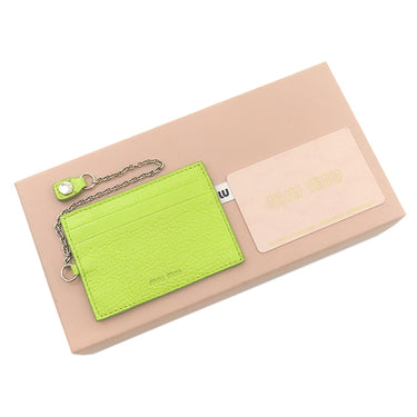 ミュウミュウ MIU MIU 二つ折り ロゴプレート 5MH109 PAVONE レザー 長財布 シルバー金具 黄緑 ロングウォレット カードケース付き