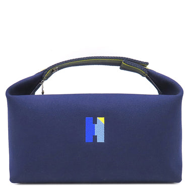 エルメス HERMES ブリッド ア ブラック Hパヴィヨン GM マリン コットン ポーチ シルバー金具 紺 Hブロック ハンドバッグ バニティバッグ