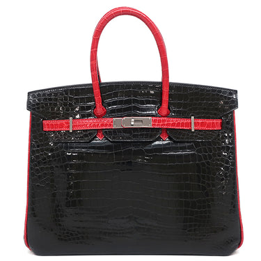 エルメス HERMES バーキン 35 ブラック×ブレイズ ポロサス ハンドバッグ シルバー金具 黒 赤 バイカラー クロコ ルテニウム金具