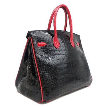 エルメス HERMES バーキン 35 ブラック×ブレイズ ポロサス ハンドバッグ シルバー金具 黒 赤 バイカラー クロコ ルテニウム金具