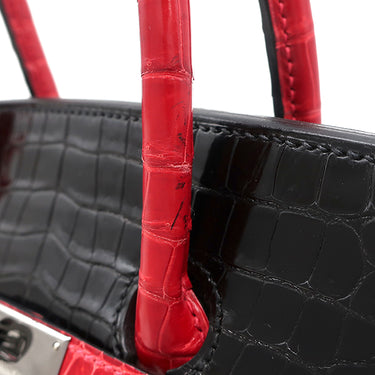 エルメス HERMES バーキン 35 ブラック×ブレイズ ポロサス ハンドバッグ シルバー金具 黒 赤 バイカラー クロコ ルテニウム金具