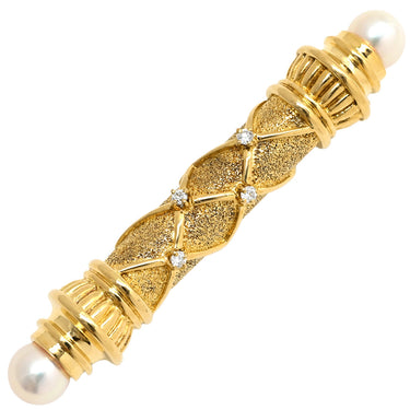 ミキモト MIKIMOTO 2Pパール 4Pダイヤ イエローゴールド K18YG パール ダイヤモンド ブローチ Au750 18K 18金 あこや アコヤ 真珠 砂目加工 梨地