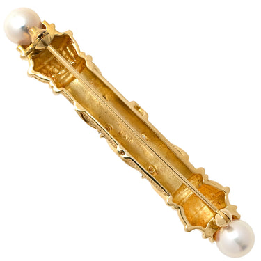 ミキモト MIKIMOTO 2Pパール 4Pダイヤ イエローゴールド K18YG パール ダイヤモンド ブローチ Au750 18K 18金 あこや アコヤ 真珠 砂目加工 梨地