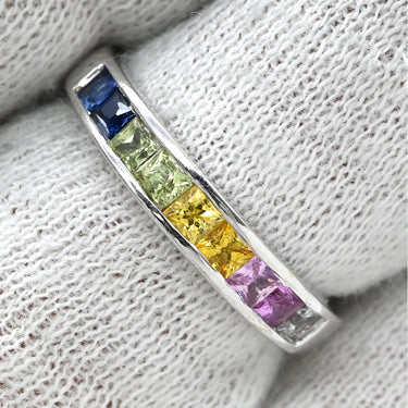 ノンブランド NON BRAND サファイア 0.66ct マルチカラー×ホワイトゴールド K18WG サファイア リング 指輪 ピンク 青 黄 Au750 18K WG 一文字 プリンセスカット 11号