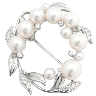 ミキモト MIKIMOTO パール ダイヤ ホワイトゴールド K18WG パール ダイヤモンド ブローチ Au750 18K 18金 サークル リーフ 葉 リース型 あこや アコヤ 真珠 パヴェ