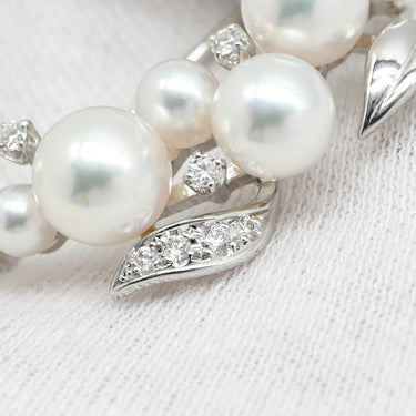 ミキモト MIKIMOTO パール ダイヤ ホワイトゴールド K18WG パール ダイヤモンド ブローチ Au750 18K 18金 サークル リーフ 葉 リース型 あこや アコヤ 真珠 パヴェ