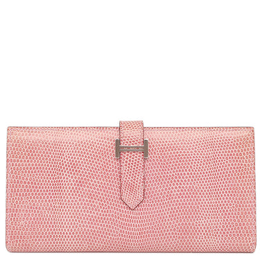 エルメス HERMES ベアンスフレ ピンク リザード 長財布 シルバー金具 二つ折り財布