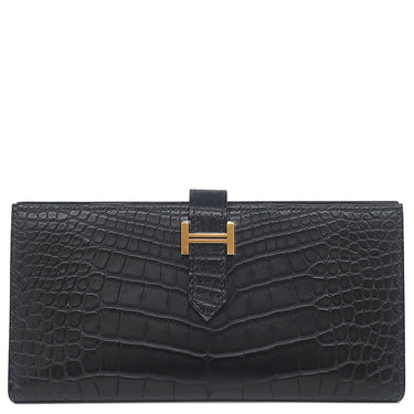 エルメス HERMES ベアンスフレ ブラック アリゲーターマット 長財布 ゴールド金具 新品 未使用 黒 クロコ 二つ折り財布