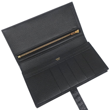 エルメス HERMES ベアンスフレ ブラック アリゲーターマット 長財布 ゴールド金具 新品 未使用 黒 クロコ 二つ折り財布