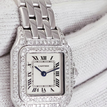 腕時計 カルティエ Cartier パンテール SM W25016F3 クオーツ レディース OH済 K18WG無垢 アイボリー スクエア ダイヤモンド