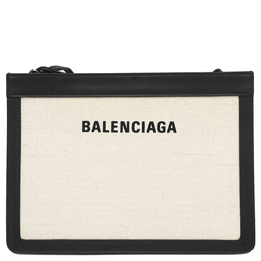 バレンシアガ BALENCIAGA ネイビー ポシェット 339937 ナチュラル×ブラック キャンバス レザー ショルダーバッグ シルバー金具 白 黒