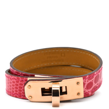 エルメス HERMES ミニ ケリードゥブルトゥール ローズメキシコ×ゴールド アリゲーター リザード GP T2 ブレスレット ピンクゴールド金具 2重 2連