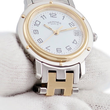 腕時計 エルメス HERMES クリッパー CL4.220 クオーツ レディース GP×SS ホワイト Hマークブレス デイト アラビア