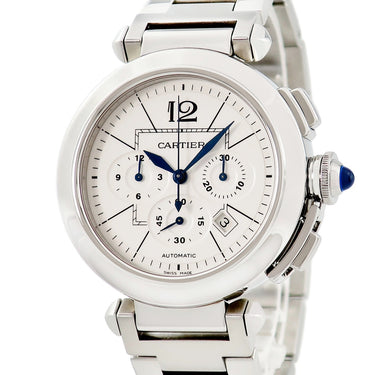 腕時計 カルティエ Cartier パシャ 42mm クロノグラフ W31085M7 自動巻き メンズ 青針 デイト アラビア バー スモールセコンド