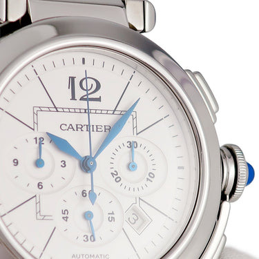 腕時計 カルティエ Cartier パシャ 42mm クロノグラフ W31085M7 自動巻き メンズ 青針 デイト アラビア バー スモールセコンド